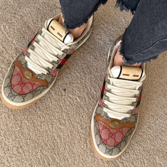 Gucci Screener GG Logo Women’s Sneakers Tan Pink Monogram Lace Up EU 39 US 9 - Picture 2 of 13